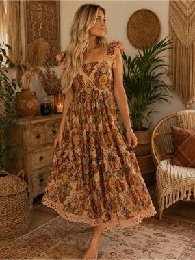 NWT OLLARI NEW YORK Sz small fully lined maxi square neck dress colorful pattern